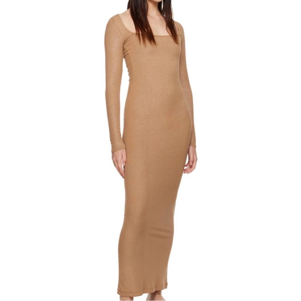 Skims Tan Soft Lounge Shimmer Long Sleeve Maxi Dress